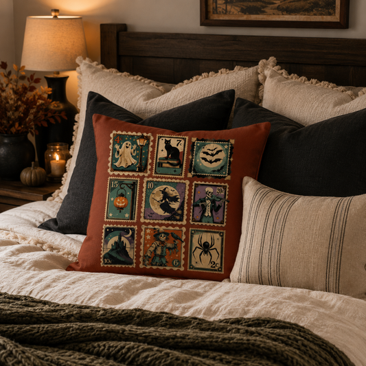 Vintage Halloween Stamp Pillow Cover